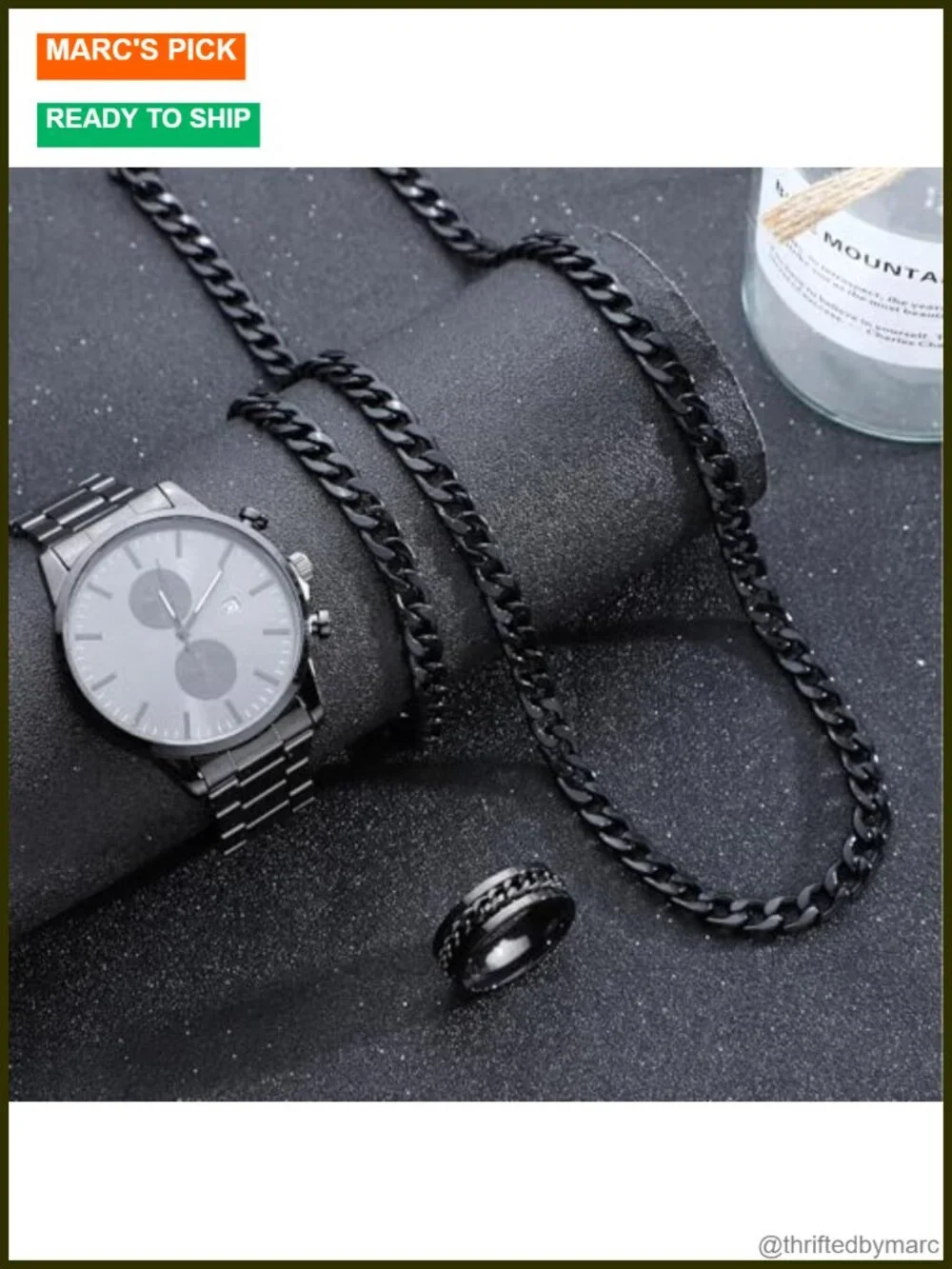 Men's Stainless Steel 4-Piece Jewelry Set with Watch Necklace Bracelet Ring